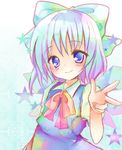  aqua_hair bad_id bad_pixiv_id banned_artist blue_eyes blue_hair blush bow bowtie cirno colorful gradient_hair hair_bow lavender_hair multicolored_hair mutsu purple_eyes short_hair smile solo star touhou v wings 