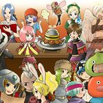  6+girls angel_wings animal_ears annotated bandana blonde_hair blue_eyes blue_hair blush book bottle bow breasts bridal_gauntlets brown_eyes bunny_ears cleavage closed_eyes dark_skin dragon_quest dragon_quest_ix dress fairy fairy_wings ganguro gloves green_eyes green_hair hair_bow halo hat headband helmet hero_(dq9) heroine_(dq9) highres laughing long_hair medium_breasts midriff minigirl multiple_boys multiple_girls pink_hair ponytail purple_hair raviel red_eyes rikka_(dq9) roxanne_(dq9) ruida sandy_(dq9) silver_hair skirt smile thighhighs totechin wings yawning yellow_eyes 