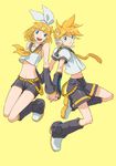  1girl bad_id bad_pixiv_id bare_shoulders belt blonde_hair blue_eyes brother_and_sister crop_top crop_top_overhang headset holding_hands kagamine_len kagamine_rin midriff navel shiitake_urimo shiny shiny_skin shorts siblings thigh_gap twins vocaloid 