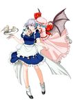  bat_wings blue_eyes blue_hair braid galaxy_blue hat highres hug izayoi_sakuya multiple_girls red_eyes remilia_scarlet short_hair silver_hair touhou twin_braids wings 