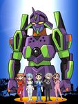  3girls ayanami_rei black_bodysuit blue_bodysuit blue_hair bodysuit eva_01 fujiko_f_fujio_(style) glasses ikari_shinji makinami_mari_illustrious mecha multiple_boys multiple_girls nagisa_kaworu neon_genesis_evangelion parody pink_bodysuit plugsuit rebuild_of_evangelion red_bodysuit red_eyes shikinami_asuka_langley souryuu_asuka_langley style_parody twintails ueyama_michirou white_bodysuit 