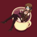  :d blue_eyes boots breasts brown_hair cleavage coffee cup headphones in_container in_cup knee_boots large_breasts latte_art open_mouth oversized_object shorts smile solo toone_riku twintails utu_(ldnsft) vocaloid 