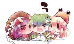  bad_id bad_pixiv_id blush chibi hair_ornament hair_ribbon hat kochiya_sanae leaf_hair_ornament lowres moriya_suwako multiple_girls red_eyes ribbon touhou usoneko yasaka_kanako 