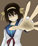  brown_hair foreshortening grin hair_ribbon hands highres karu_(ishiken) kita_high_school_uniform nib_pen_(medium) outstretched_arm outstretched_hand reaching red_eyes ribbon school_uniform serafuku sharp_teeth smile solo suzumiya_haruhi suzumiya_haruhi_no_yuuutsu teeth traditional_media 