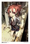  absurdres artist_name blouse breasts casual checkered checkered_shirt cleavage digital_media_player earphones eyelashes foreshortening from_above grin hair_between_eyes highres ipod large_breasts looking_at_viewer miwa_shirou necktie original polo_shirt red_eyes red_hair shirt short_hair short_shorts short_sleeves shorts shure smile socks solo_focus subway taut_clothes taut_shirt train_station watch watermark wristwatch 