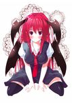  bat_wings blue_vert head_wings highres koakuma long_hair red_eyes red_hair solo thighhighs touhou wings 