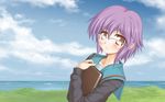  aokihoshi bangs book brown_eyes cardigan glasses highres kita_high_school_uniform nagato_yuki purple_hair school_uniform serafuku short_hair solo suzumiya_haruhi_no_shoushitsu suzumiya_haruhi_no_yuuutsu wallpaper 