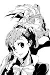  face female_protagonist_(persona_3) greyscale hair_ornament hairclip headphones hei_jin highres monochrome orpheus persona persona_3 persona_3_portable school_uniform short_hair smile 