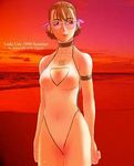 beach braid cleavage_cutout glasses gundam gundam_wing lady_une ribbon solo sunset swimsuit 