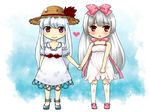  :&lt; bad_id bad_pixiv_id bow dress fujiwara_no_mokou geike hair_bow hat heart holding_hands kamishirasawa_keine long_hair multiple_girls red_eyes silver_hair straw_hat thighhighs touhou 