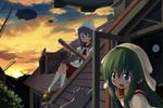  aikei_ake aircraft bad_id bad_pixiv_id blimp blue_eyes blue_hair braid cat dirigible green_eyes green_hair hat kneehighs long_hair multiple_girls original rooftop school_uniform serafuku socks sunset telescope twin_braids windmill 