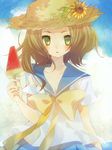  brown_hair flower food green_eyes hat original popsicle retei school_uniform serafuku short_hair solo sunflower watermelon_bar 