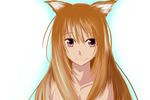  animal_ears brown_hair hair_between_eyes holo kinako_nagomi long_hair looking_at_viewer nude red_eyes smile solo spice_and_wolf upper_body wolf_ears 