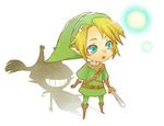  blonde_hair chibi gloves green_eyes grin hat holding holding_sword holding_weapon hunazusi imp left-handed link lowres midna smile sword the_legend_of_zelda the_legend_of_zelda:_twilight_princess weapon 