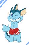  2014 3_toes anthro blue_eyes blush bulge clothing eeveelution fur looking_at_viewer male masculine nintendo one_eye_closed oob pok&eacute;mon solo star toes underwear vaporeon video_games 