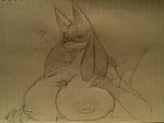  ? anthro big_breasts blush breasts canine censored chest_tuft dildo fangs female fur hand_on_breast huge_breasts kouya looking_at_viewer lucario mammal nintendo nipples pok&eacute;mon pok&eacute;morph sex_toy solo speech_bubble spikes titfuck traditional_media_(artwork) tuft video_games 