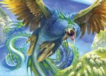  ambiguous_gender avian beak blue_fur caprine claws cliff cockatrice feathered_wings feral flying fur high-angle_shot long_tail looking_at_viewer macro magic_the_gathering mammal matt_stewart official_art open_mouth outside sheep solo talons wings 