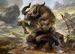  anthro armor gore hooves horn landscape magic_the_gathering male minotaur muscles official_art severed_limb sitting solo svetlin_velinov 