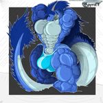  2014 abs absurd_res akayrom47 anthro biceps big_muscles blue_scales bulge clothing eyes_closed happy hi_res horn huge_muscles hyper hyper_muscles looking_at_viewer male muscles pecs plain_background pose smile solo toned 
