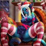  2014 anthro anus blue_anus blue_nipples blue_pussy breasts candy_cane christmas condom condom_in_mouth feline female fireplace hat hi_res holidays legwear looking_at_viewer mammal nipples pink_eyes pom_hat pussy santa_hat sollyz solo spread_legs spreading stockings thigh_highs 
