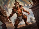  action_pose anthro architecture armor dutch_angle horn magic_the_gathering male official_art satyr scott_murphy solo standing sword water waterfall weapon 