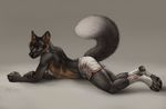  2014 anthro black_fur brown_fur canine clothed clothing fox fur green_eyes half-dressed lying male mammal on_front rukis shaded shorts solo topless white_fur 