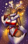  2014 abstract_background anthro antlers blue_eyes blush breasts cervine christmas cleavage clothed clothing deer elpatrixf female holidays horn looking_at_viewer mammal navel nintendo pok&eacute;mon red_nose ribbons rudolf sawsbuck seductive smile solo video_games 
