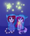 &lt;3 3_fingers 3_toes blanket blue_nose cat cinnamama clothed clothing cub dark duo feline female fur glowing grey_fur hair long_hair looking_up male mammal markings neo night pink_fur pink_nose purple_hair red_hair sitting smile star striped_fur stripes tail_wrap toes torch young 