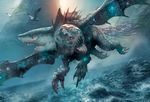  ambiguous_gender chimera dutch_angle fangs feral fin flying hybrid magic_the_gathering multi_head official_art outside restricted_palette ryan_barger sea solo star water where_is_your_god_now 