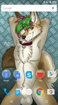  2014 anthro balls blush candy canine collar coyote fur hair j-a-l-m-u lollipop looking_at_viewer male mammal nude phone pose screencap smile solo teeth 