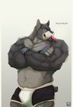  2014 belly biceps big_muscles bulge canine chubby clothed clothing crossed_arms dog ear_piercing eating fur grey_fur half-dressed male mammal masculine musclegut muscles pecs piercing plain_background popsicle pose ring solo text topless underwear vetrowolf white_background 