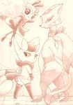 anthro arthropod butt eyelashes female flying fullfolka group hi_res looking_at_viewer looking_back mammal meowstic mienshao monochrome nintendo outside pok&eacute;mon pok&eacute;mon_(species) rear_view ribombee scarf sepia smile standing video_games 