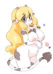  anthro bell belly big_breasts blonde_hair blue_eyes bovine breasts cattle chubby cotora female fur hair horn looking_at_viewer mammal nipples pink_nipples plain_background rattle solo white_background 