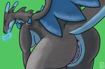  2014 anthro anus back big_breasts blue_fire blush bow breasts charizard dragon fangs female fire green_background horn looking_at_viewer looking_back mega_charizard mega_charizard_x mega_evolution nintendo nipples nude plain_background pok&eacute;mon pussy pussy_juice rear_view red_eyes scalie smile solo standing teeth thealmightyti video_games wings 