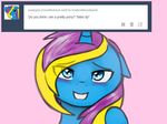  artmagic biting_lip blonde_hair blue_eyes blue_fur english_text equine fan_character female feral fur hair horn looking_at_viewer mammal my_little_pony one_eye_closed pink_background plain_background purple_hair solo text tongue tongue_out tumblr two_tone_hair unicorn wink 