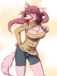  breasts canine clothing dog female fur hair kemono mammal pink_eyes pink_fur pink_hair ponytail solo unknown_artist 