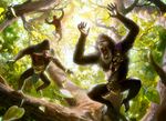  ambiguous_gender backlit clothing forest gold group jumping loincloth magic_the_gathering mammal mandrill mike_bierek monkey nature official_art outside primate raised_arm screaming sultai tree 