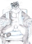  2014 animal_genitalia anthro balls bottomless chair cheetah clothed clothing feline gravewalker half-dressed inviting looking_at_viewer male mammal scarf sheath sitting smile solo spots spread_legs spreading teeth whiskers 