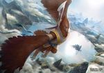  anthro avian bird clothing dutch_angle flying high-angle_shot jeskai johann_bodin lake landscape magic_the_gathering male mountain official_art outside talons weapon winged_arms wings 