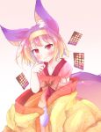  1girl :3 animal_ear_fluff animal_ears blonde_hair blue_hair blush bow bright_pupils clip_studio_paint_(medium) closed_mouth collarbone commentary_request cowboy_shot eyelashes flat_chest floating_card floral_print floral_print_kimono fox_ears fox_girl fox_tail gradient_hair hair_between_eyes hair_intakes hand_up hatsuse_izuna highres japanese_clothes kemotaiyou kimono layered_kimono long_sleeves looking_at_viewer medium_hair multicolored_hair no_game_no_life orange_hair pink_kimono print_kimono red_bow red_eyes simple_background sleeves_rolled_up slit_pupils smile solo split_mouth tail white_background white_pupils wide_sleeves yellow_kimono 