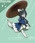  cat clothing feline female fur green_fur japanese_clothing kemono mammal raining solo umbrella unknown_artist 