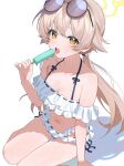  1girl absurdres bikini blue_archive breasts commentary eyewear_on_head food frilled_bikini frills halo hifumi_(blue_archive) hifumi_(swimsuit)_(blue_archive) highres long_hair low_twintails medium_breasts official_alternate_costume popsicle shusuchii solo sunglasses swimsuit twintails untranslatable_commentary white_bikini yellow_eyes yellow_halo 