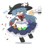  1girl bandaid bandaid_on_clothes black_socks blue_hair blue_skirt blush bow bowtie center_frills crying frilled_skirt frills full_body gohei hinanawi_tenshi hitting kuuinusuki long_hair open_mouth red_bow red_bowtie short_sleeves simple_background skirt socks solo tears touhou white_background 