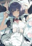  1boy 1girl absurdres apron black_dress blush bow bowtie cellphone cellphone_photo commentary_request corset cup dress enmaided frilled_apron frills gakuen_idolmaster hataya_misuzu highres idolmaster looking_at_viewer lying maid maid_apron maid_headdress mole mole_under_mouth nyorotono_(amafurashi) on_back phone pov pov_hands producer_(idolmaster) puffy_short_sleeves puffy_sleeves red_bow red_bowtie short_hair short_sleeves smartphone teacup tsukimura_temari white_apron yukadon 
