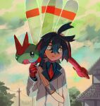  1boy aonik black_hair blue_shirt building cloud collared_shirt crossed_bangs day gloves green_sky hair_between_eyes hairband jacket kieran_(pokemon) male_focus multicolored_hair on_shoulder outdoors parted_lips pokemon pokemon_(creature) pokemon_on_shoulder pokemon_scarlet_and_violet power_lines red_gloves red_hair shirt signature sky tree upper_body white_jacket yanma yellow_eyes yellow_hairband 