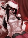  2014 anthro blush bottomless canine christmas cleavage clothed clothing female half-dressed hat holidays keyhole_turtleneck legwear looking_at_viewer makeup mammal pollo-chan santa_hat solo stockings sweater 