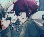  2boys aotsuki_eito black_gloves black_streaks blood blue_eyes broken_mirror clenched_hand clenched_teeth commentary_request different_reflection evil_smile glasses gloves grey_hair grey_jacket hand_grab highres hood hoodie jacket jacket_over_hoodie kawati looking_at_another male_focus mirror multicolored_hair multiple_boys purple_eyes red_hair reflection short_hair smile spoilers streaked_hair sumino_takumi teeth the_hundred_line_-last_defense_academy- through_medium through_mirror two-tone_hair white_hoodie white_jacket 