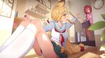  2girls absurdres alice_thymefield alternate_costume animal_ears blonde_hair braid braided_twintails bread bread_slice commentary food food_in_mouth green_eyes green_skirt highres indoors late_for_school long_hair low_twintails maeru mouth_hold multiple_girls pleated_skirt rabbit_ears rabbit_girl red_eyes red_hair sailor_collar school_uniform serafuku skirt toast toast_in_mouth twintails ukinami_yuzuha untranslatable_commentary white_sailor_collar white_serafuku zenless_zone_zero 