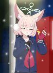  animal_ear_fluff animal_ears azurefetters black_gloves blue_archive blue_halo blue_jacket blue_skirt blunt_bangs closed_eyes commentary_request earmuffs fingerless_gloves fox_ears gloves halo highres jacket lamppost long_sleeves medium_hair multicolored_gloves neckerchief night niko_(blue_archive) outdoors pink_hair pleated_skirt red_gloves red_neckerchief sidelocks skirt snow two-tone_gloves vending_machine waving winter_clothes 