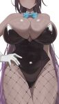  1girl absurdres bare_arms bare_shoulders blue_archive blue_bow bow breasts dark-skinned_female dark_skin detached_collar fishnet_pantyhose fishnets gloves hand_on_own_hip highres karin_(blue_archive) large_breasts long_hair mm_(mhm2592) pantyhose playboy_bunny purple_hair simple_background solo standing white_background white_gloves 